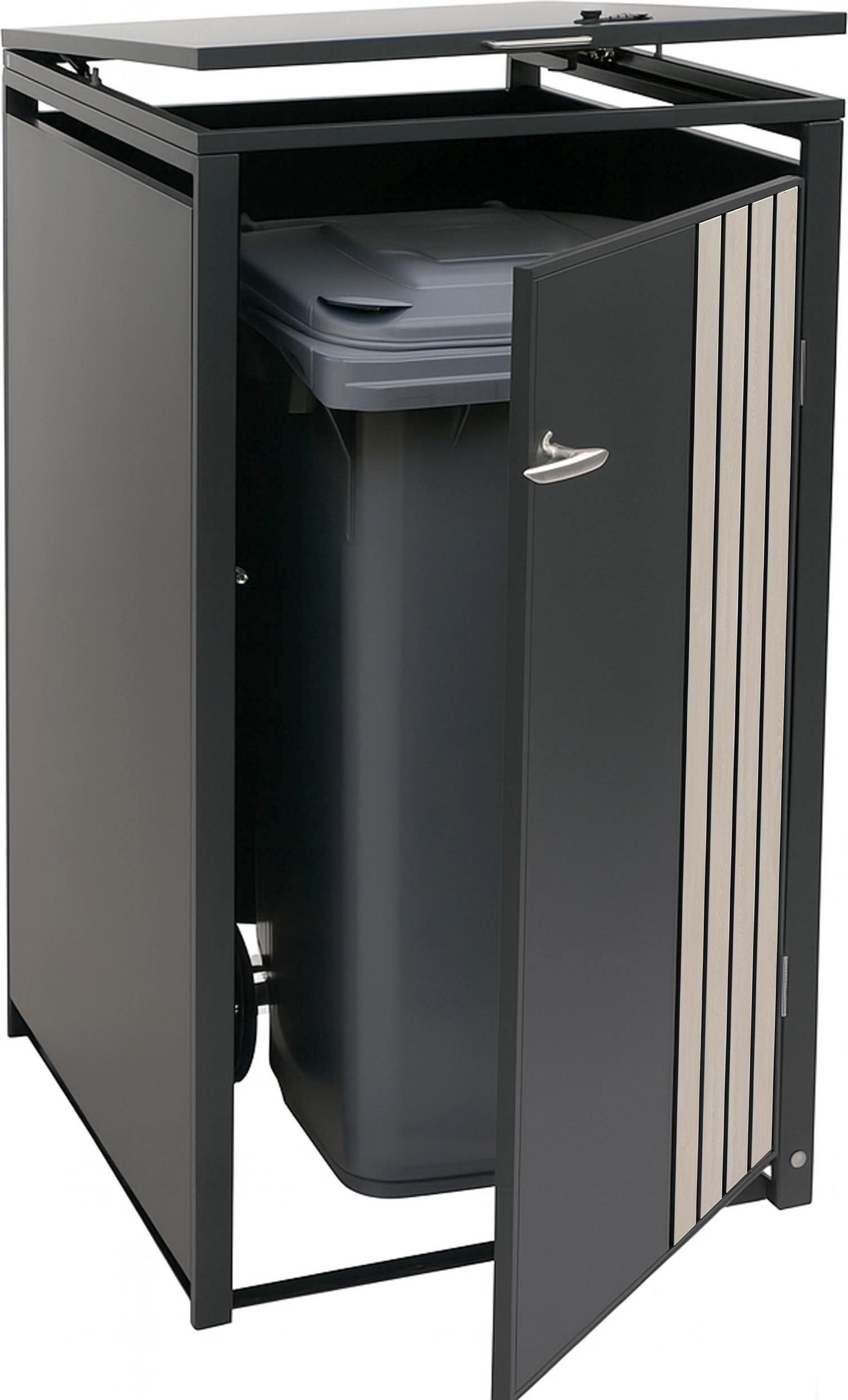 1er-Mülltonnenverkleidung HWC-O67, Mülltonnenbox mit Deckel, Metall 122x68x84cm 35kg anthrazit Holzoptik hell