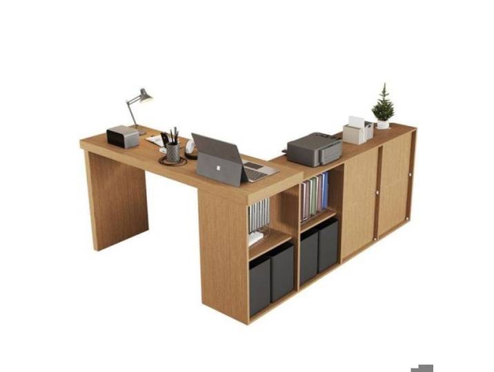 Bureau Pliable d'angle mobile 260x48x78cm plateau tournant 360° 4 tiroirs de rangement et 4 compartiments