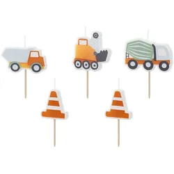 PartyDeco 5 Geburtstagskerzen Baustelle 3-4,5cm Tortenkerzen Set Kindergeburtstag Geburtstag Junge Kuchenkerzen Kerzenset Tortendeko Kuchendeko Deko Weiß Orange