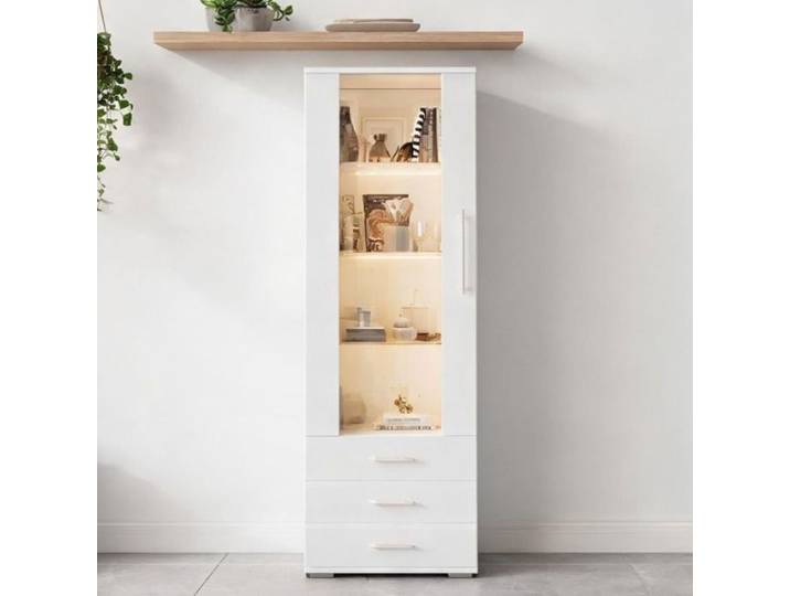Vitrine en verre 60x35x180cm blanche haute brillance verticale sur pied éclairage LED et 3 tiroirs