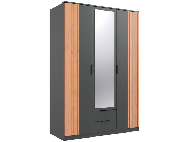 Drehtürenschrank WIMEX Lübeck , schwarz (front und korpus graphit, absetzung akustiklamellen, nachbildung in artisan eiche nachbildung), B:135cm H:199cm T:58cm, Holzwerkstoff, Schränke, Drehtürenschrank, Akustiklamellen Optik, mit Spiegeltüren, 135 oder 180cm breit