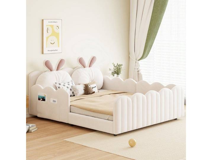 Lit double rembourré 140x200 avec barrières de sécurité beige pour enfant