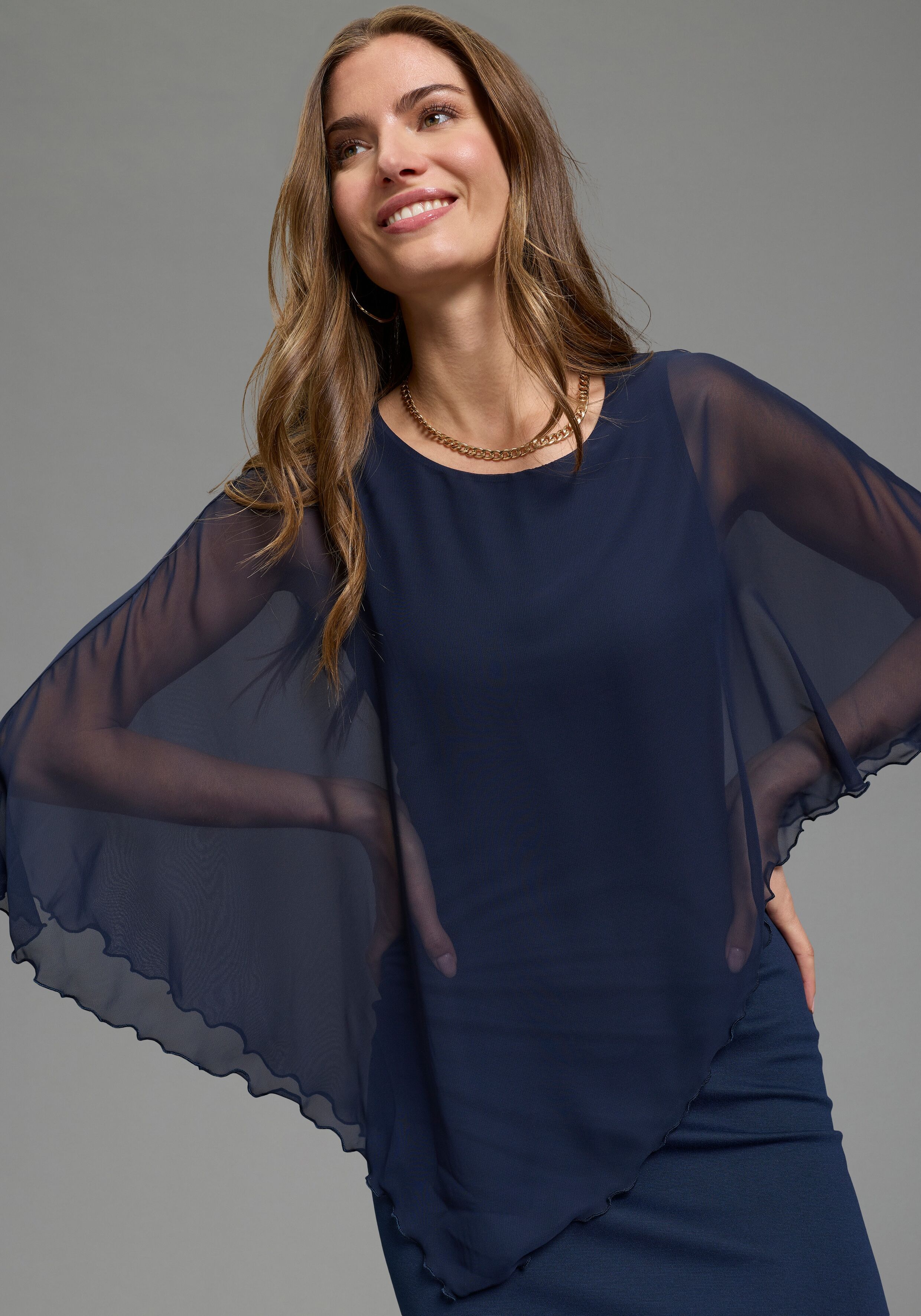 Abendkleid LAURA SCOTT "mit Chiffon", Damen, Gr. 44, N-Gr, ohne Ärmel, Milano Rib,Chiffon, blau (navy), Milano Rib;Chiffon, Obermaterial: 70% Viskose, 25% Polyester, 5% Elasthan. Bluseneinsatz: 100% Polyester, figurbetont kniefrei, Rundhals, Kleider Abend