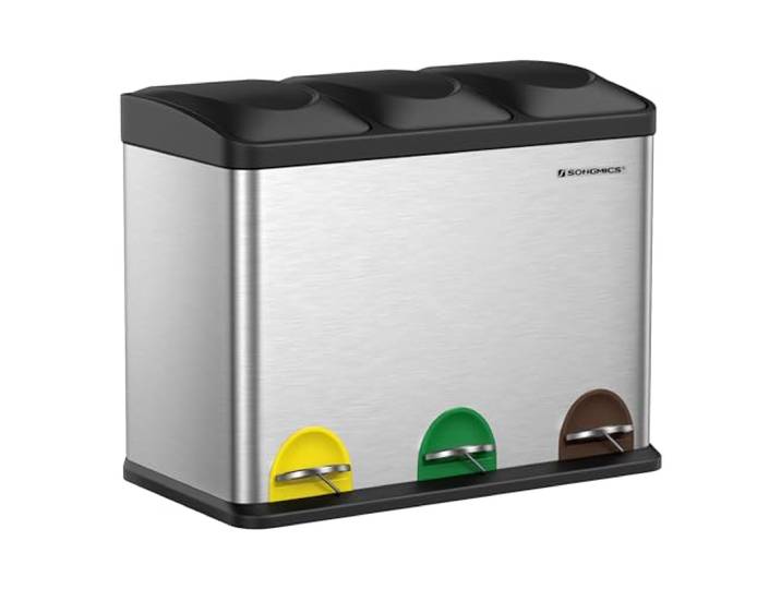 SONGMICS Mülleimer für die Küche, Treteimer mit 3 Fächern, 3 x 15 Liter Abfalleimer Mülltrennsystem, mit Inneneimern und Aufklebern, silbern-tintenschwarz, ISLAND Kollektion LTB45L