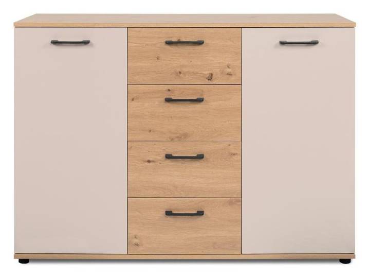 CALICOSY - Sideboard mit 2 Türen, 4 Schubladen, Eicheneffekt und Kaschmir B120 cm - LINO