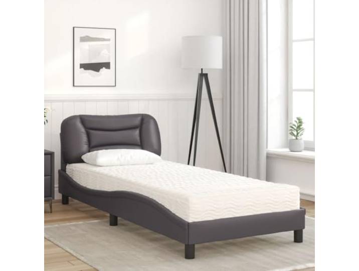 KTHLBRH Bett mit Matratze Hvar Grau 80 x 200 cm Kunstleder PU-Schaum 22D, Härte H2 und H3, Lattenrost, gepolstertes Kopfteil