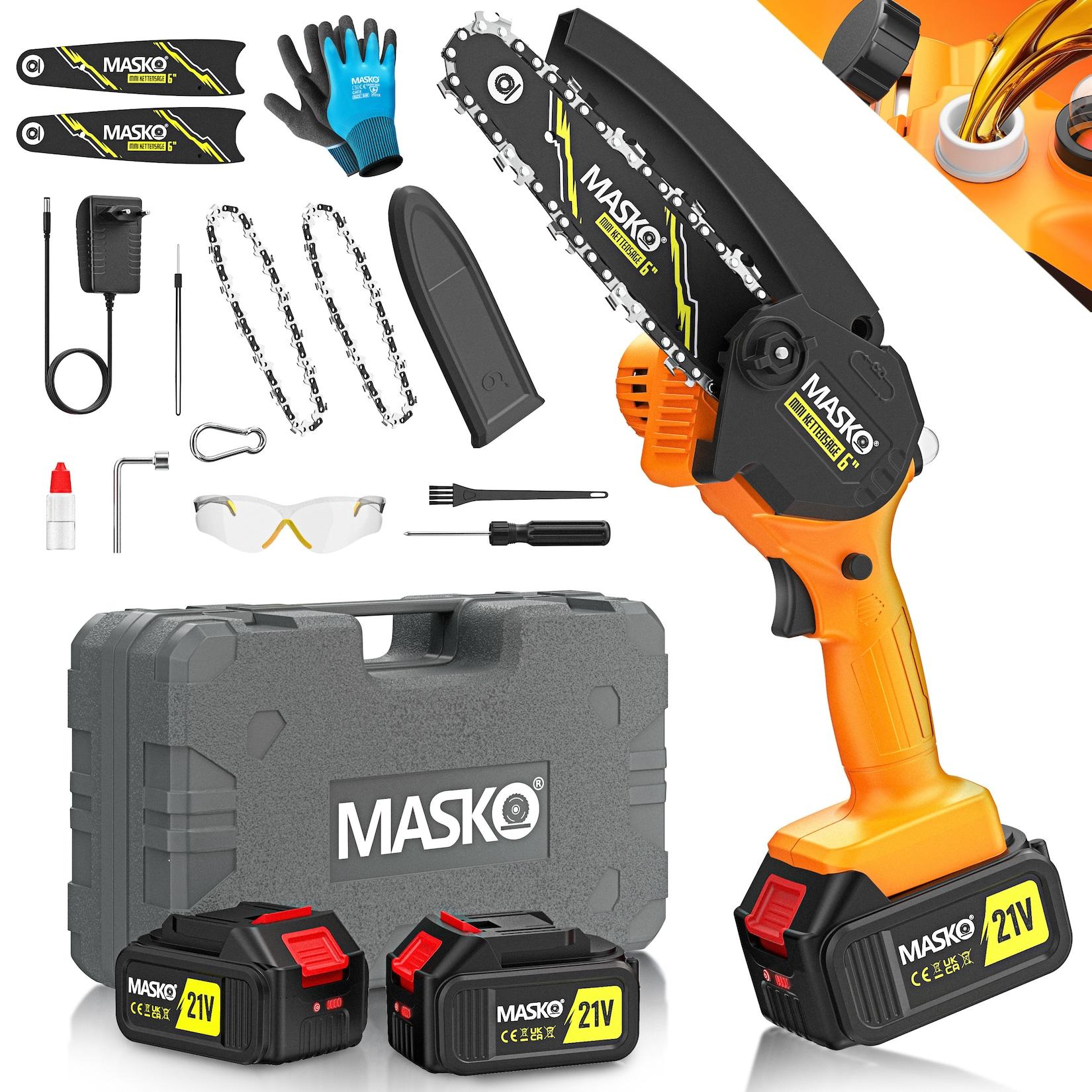MASKO® Mini-Kettensäge mit Akku 8000mAh Handkettensäge Elektro mit 2 Akku 4000mAh für Gartenscheren/Astscheren/Holzschneiden Motorsäge 800W automatisches Ölsystem