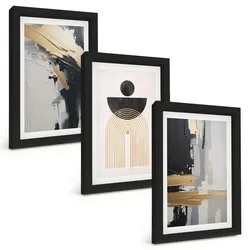 BILDER SET 3er Set - 20x30 cm Schwarzer Rahmen - Abstrakte Geometrie Eleganz