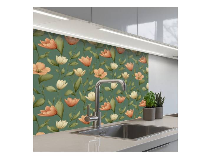 KitchenYeah Küchenrückwand selbstklebend (keine Folie) Tulpen - Botanisch - Grün, (1-tlg), Spritzschutz, Küche, Rückwand, Küchenwand, Abwaschbar, 450x60 cm