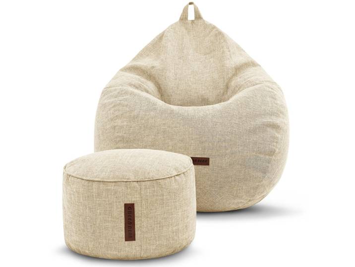 Homeline Sitzsack in Leinen-Optik mit Sitzhocker - Sand - XXL