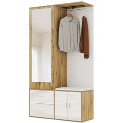 OKWISH Multifunktionale Garderobe mit Spiegel, Schuhregal und Schuhwechselbank, 100x38x180 cm, Weiß und Holz