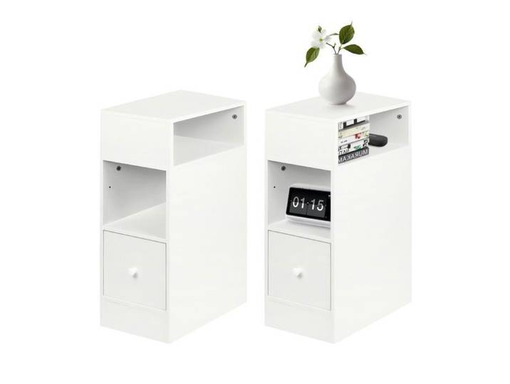 Lot de 2 Tables de Chevet Étroite-Lvhcmfohm-2 Compartiments Ouverts et 1 Tiroir-25x30x66cm-Blanc