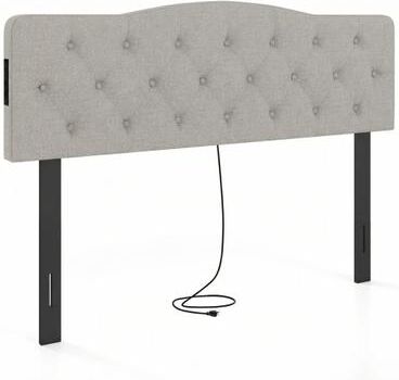 Costway Tufted Upholstered Head Board for Queen and Full Size Bed with 2 AC Outlets-Gray