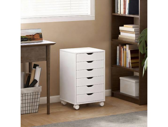 HOMCOM Meuble Bureau 6 Tiroirs avec Roues Frein Blanc 40x35x63 cm