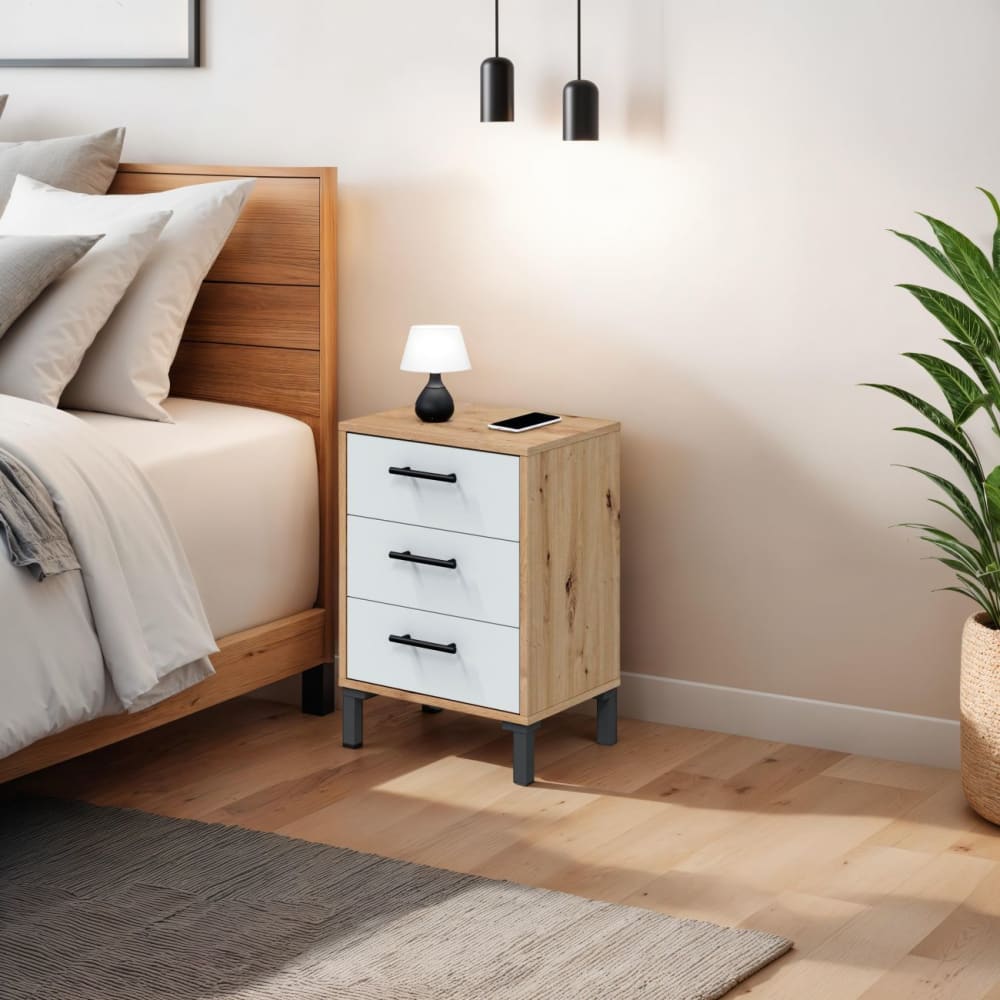 duehome Mesita de noche de 3 cajones 40x33 cm blanco roble nodi