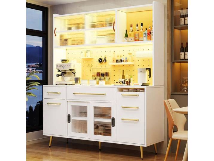 Buffet moderne avec éclairage LED - 145x39x171 cm - Blanc - MDF et verre - Éclairage LED avec 60 couleurs