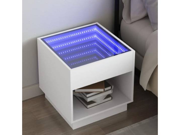 HEFZGDB Nachttisch mit Infinity-LED Beleuchtung Weiß 50x50x50 cm, LED Nachttisch mit RGB Farbwechsel und USB-Anschluss für personalisiertes Ambiente, stabile Tischplatte aus robustem