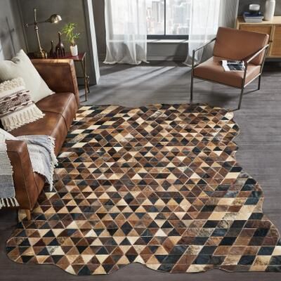KALATY Pelle Leather Warm Browns/Black Mosaic Abstract-Edged Area Rug
