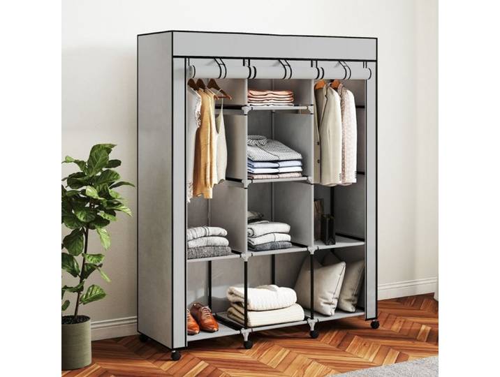 Armoire en tissu solution de rangement 8 étagères 2 tringles grise