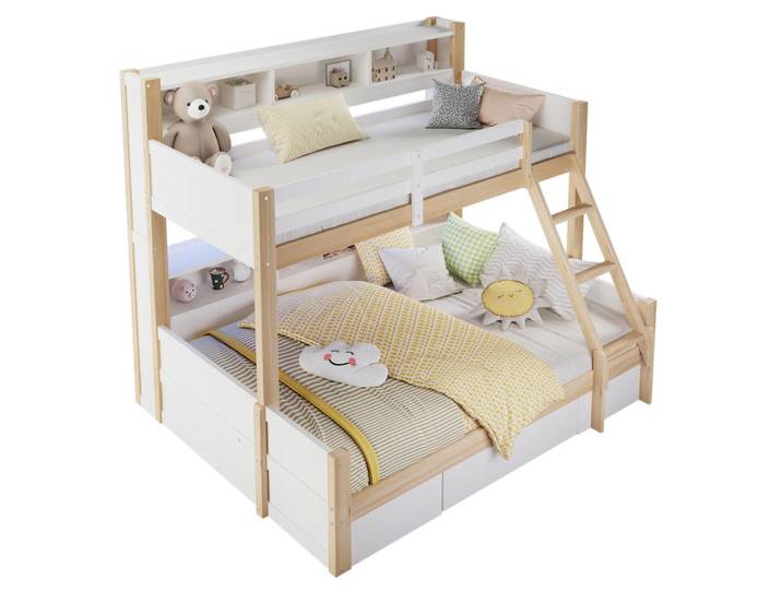 Redom Etagenbett 90/200 + 140/200 cm mit LED-Beleuchtung, flexibler Leiter, Stauraum und Bettgitter, Kiefer Massivholz, Weiß/Natur, Holz, 90x200 cm, Babymöbel & Kindermöbel, Kinderzimmer & Jugendzimmer, Stockbetten