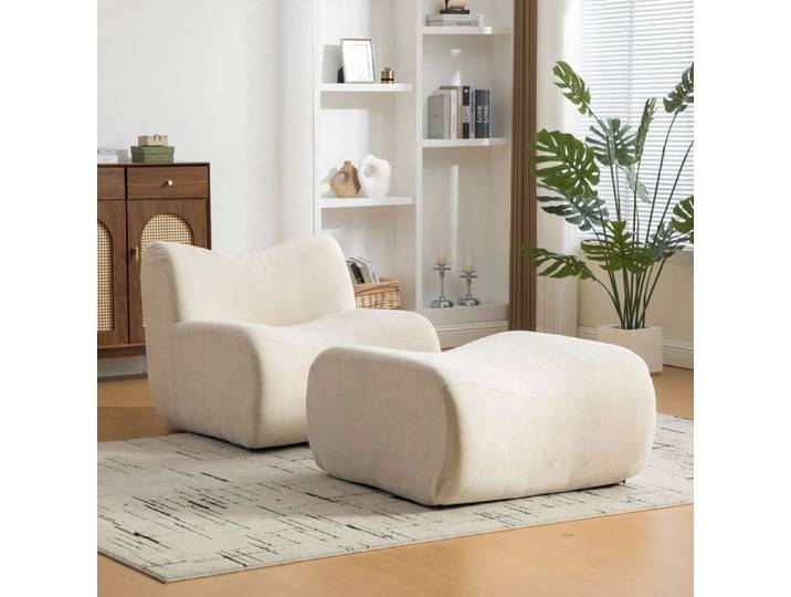 Canapé Compressé Simple avec pouf en Chenille Beige Sans Montage - Remplir en Mousse HR pour Studio et Maison - Animaux acceptés