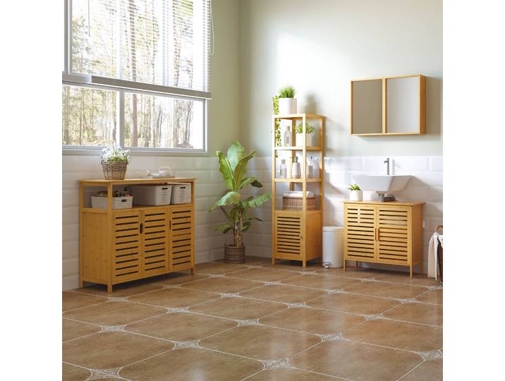 HOMCOM Buffet Bambou 3 Portes Étagères 100cm Naturel