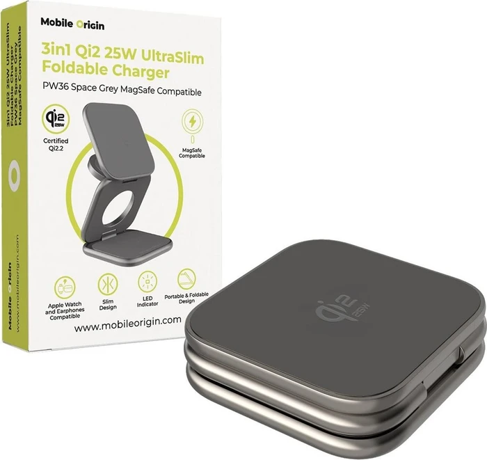 Mobile Origin 3in1 Qi2 25W UltraSlim Foldable Charger PW36 MagSafe Compatible Space Grey