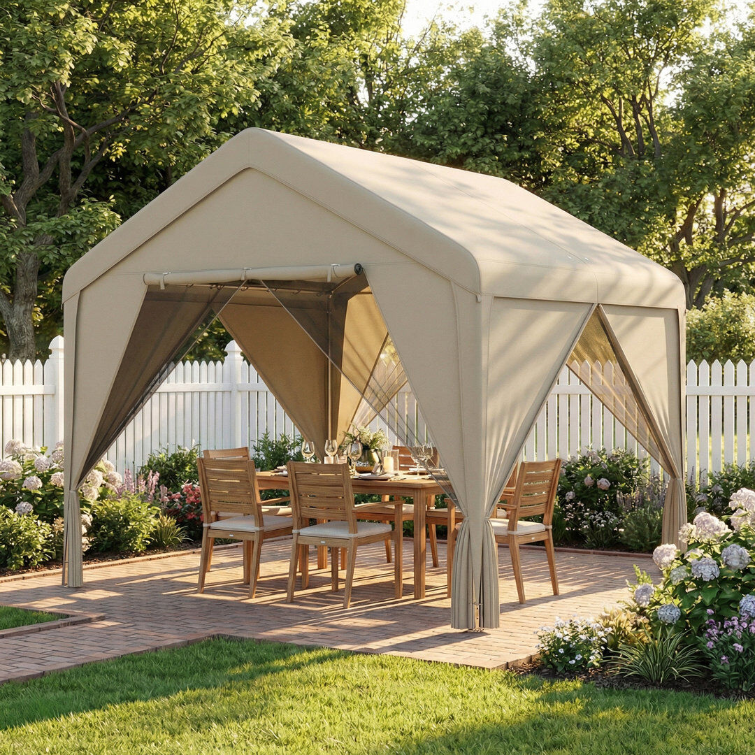 Outsunny 3 x 3 m Patio Gazebo with Netting Curtains Pitched Roof Khaki Khaki 300cm W X 295cm D X 278cm H