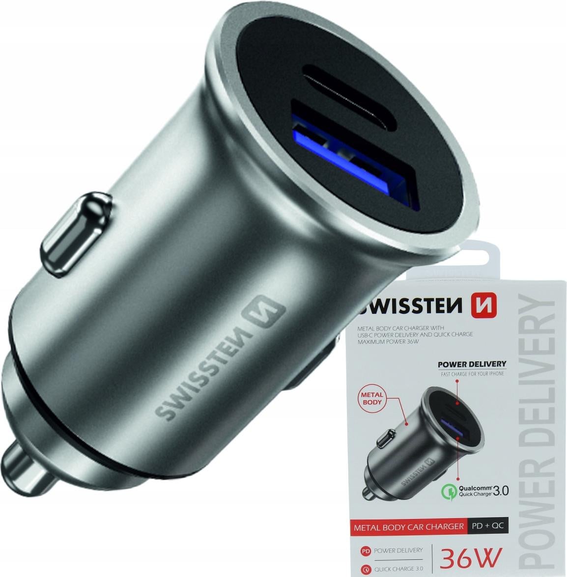 Swissten Autolader met USB en USB-C poorten, 36W