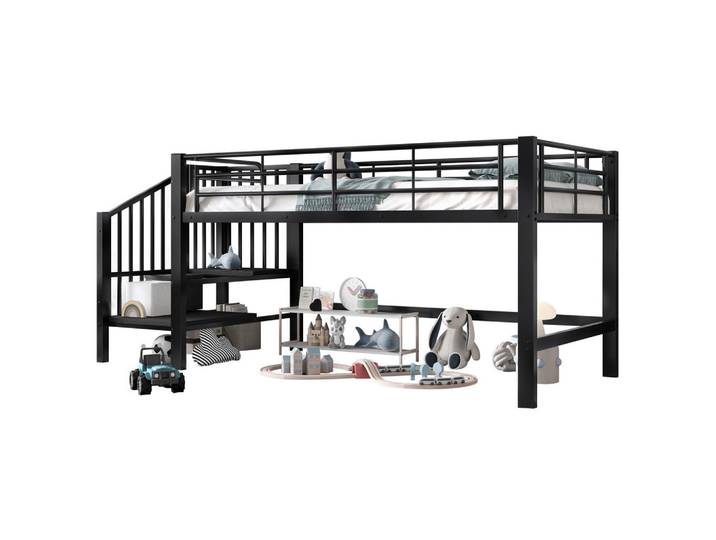 Modenvie Hochbett Halbhohes Hochbett 90/200 cm aus MDF und Metall mit Stauraumtreppe Schwarz, 90x200 cm, Babymöbel & Kindermöbel, Kinderzimmer & Jugendzimmer, Kinderbetten, Hochbetten