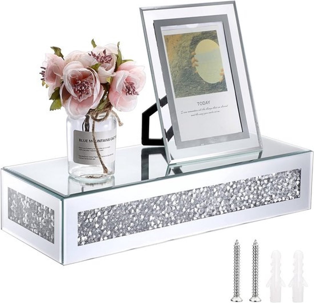Zwevende Glazen Wandplank met Diamantaccent - Decoratieve Muurplank voor Foto's en Decoratie