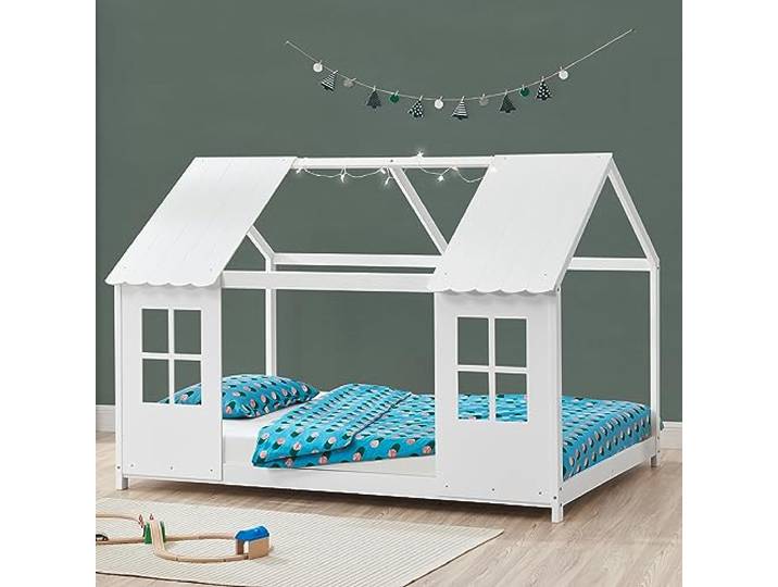 [en.casa] Kinderbett Tostedt Hausbett Jugendbett Bettenhaus Spielbett Halboffenes Design Montessori Bett aus massiver Kiefer Bettgestell Holz 90x200cm Weiß