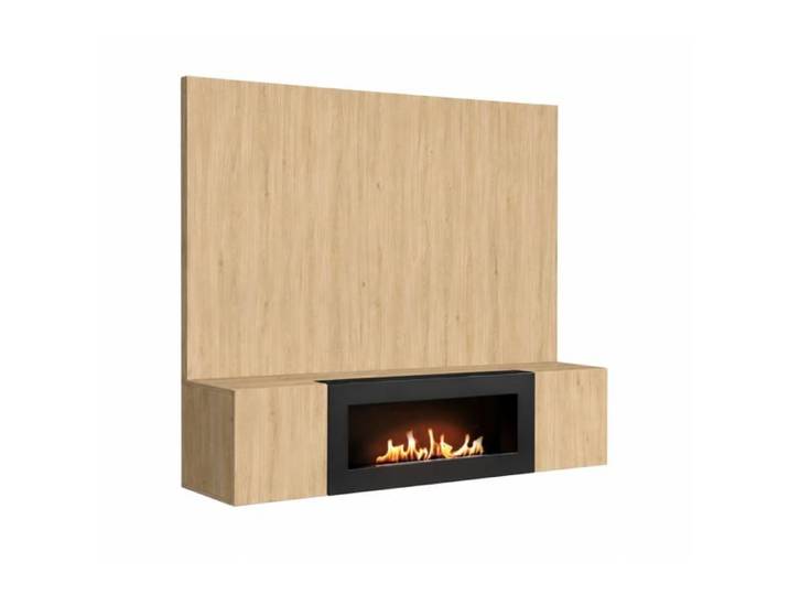 Ensemble meuble TV mural Fly B-K avec cheminée bioéthanol - Bois MDF chêne Hickory Jackson - 160 x 158 x 40 cm