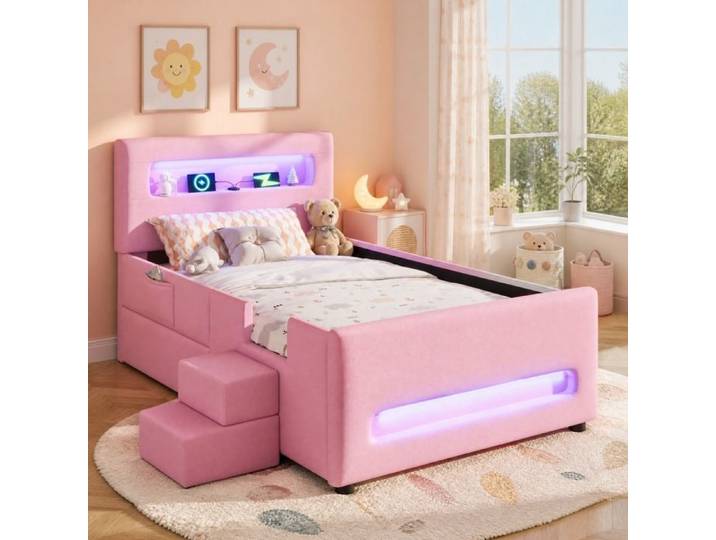 Lit enfant - ZEVKOR - 90×200 cm - Escalier de rangement - Tiroir & LED intégrée - Revêtement PU rose