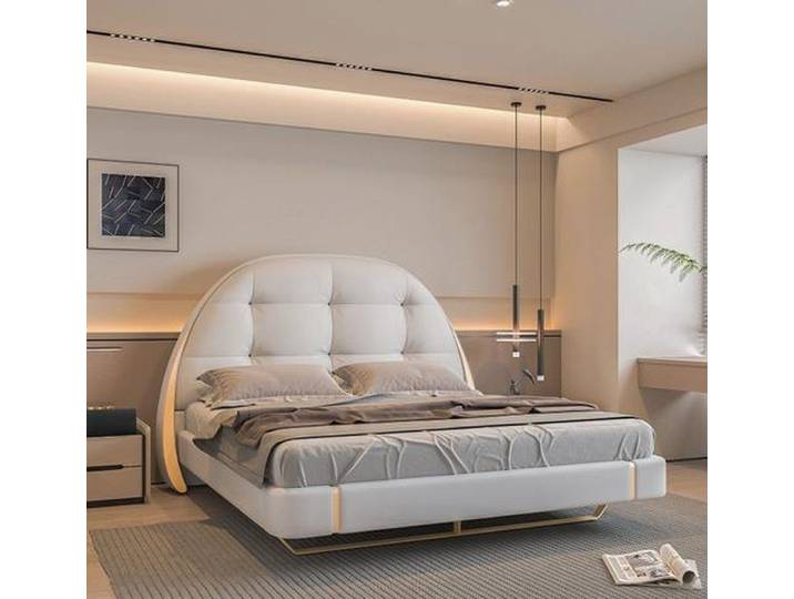JVmoebel Polsterbett Weißes Designerbett aus Edelstahl mit modernem Holzgestell, Made in Europa