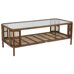 Gartencouchtisch Anemon, aus Kunst-Rattan mit Glasplatte, Boho Stil, natur, 140 cm