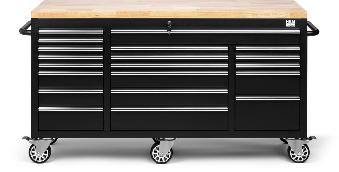 HBM mobiler Werkzeugwagen mit Holzarbeitsplatte, 146 cm, schwarz