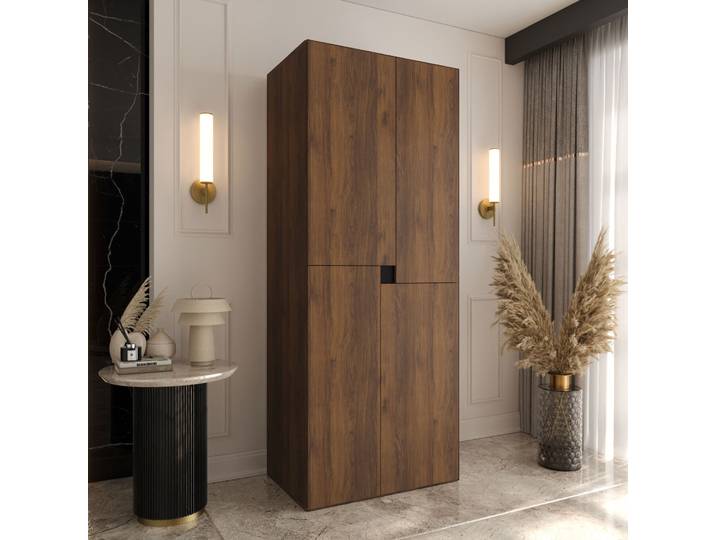 Drehtürenschrank / Kleiderschrank Farbe: Walnuss Warmia 4 Drehtüren 3 Fächer 1 Kleiderstange 80 x 52 x 203 cm für Schlafzimmer Soft