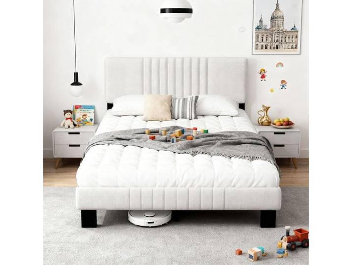 Cadre de Lit 140x190 cm Cadre de Lits Moderne pour 2 Personnes Tête de Lit Réglable en Hauteur Montage rapide Lattes en bois