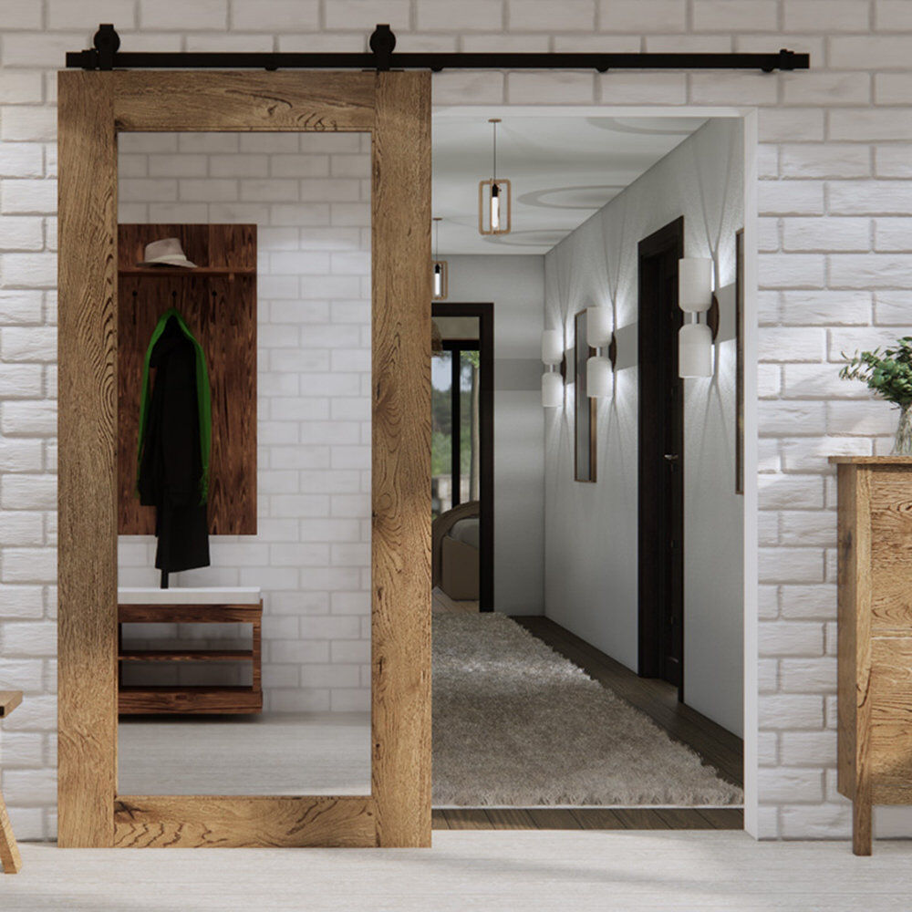 August Grove Wyalusing Oak Wood Sliding Barn Door Mirror Brown Oil 90cm W x 210cm H
