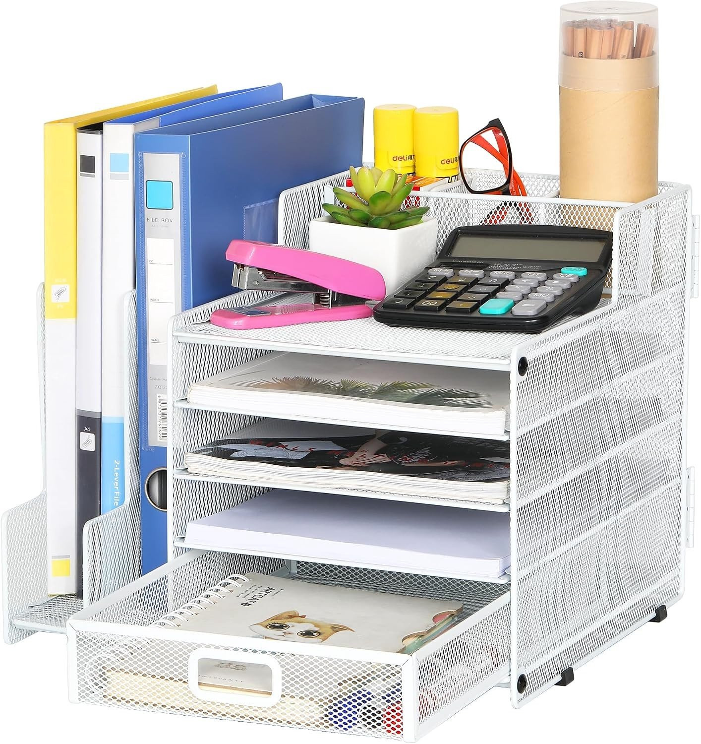 5-laagse bureauregelaar met verticale bestandsordner, briefbak en pennenhouder, wit