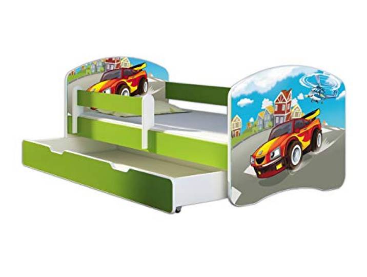 ACMA Kinderbett 180x80 Jugendbett mit Einer Schublade und Matratze, Farbe Grün, Rausfallschutz Lattenrost II Spielbett Kinderzimmer Möbel, 03 Racing Car