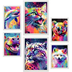 POSTER Set Mit 6 Land Und Wassertiere Im Hochformat Lebhafte Aquarell Stil Illustrationen Von Lächelnde Tiere Innenarchitektur A3 & A4 Weißer Rahmen