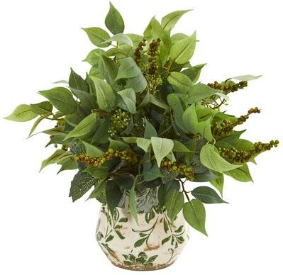 Nearly Natural Mixed Ficus, Fittonia and Berries Artificial Plant in Floral Vase