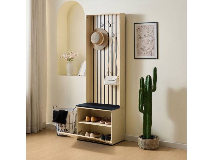 Vestiaire d'Entrée - 59.5x35x179.5cm - Meuble à Chaussures avec Banc Assise - Bois Clair