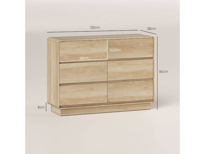 HOMCOM Buffet 6 Tiroirs Bois Naturel Salon Cuisine Bureau