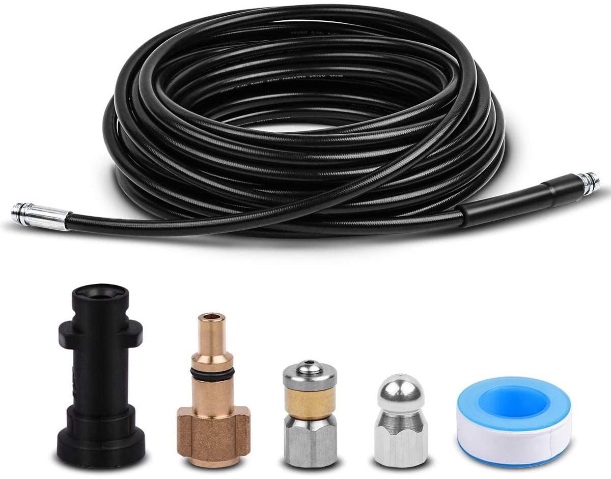 Hogedrukreiniger Afvoerpijp Slang Reinigingsset met Jet Nozzle en Roterende Jet Nozzle, Zwart