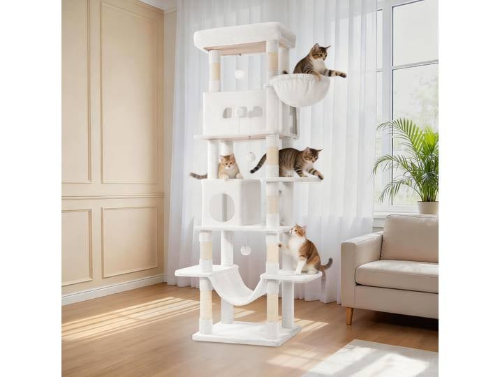 Grand griffoir pour chat, 210 cm de haut, avec 8 poteaux à griffer, 2 grottes, grandes plateformes, griffoir multi-niveaux pour chat