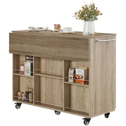 MODFU Küchenwagen aus MDF in Natur mit klappbarer Arbeitsplatte und Rollen, 120 cm