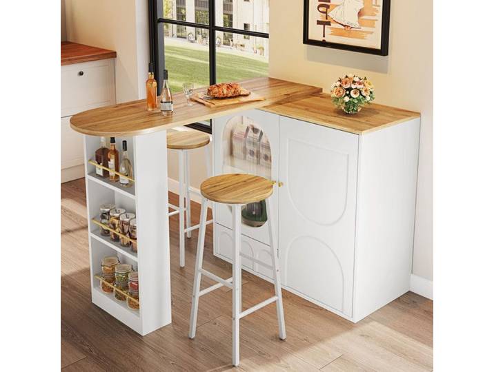 Kit îlot de cuisine extensible avec 2 tabourets étagères latérales et tiroirs-Blanc